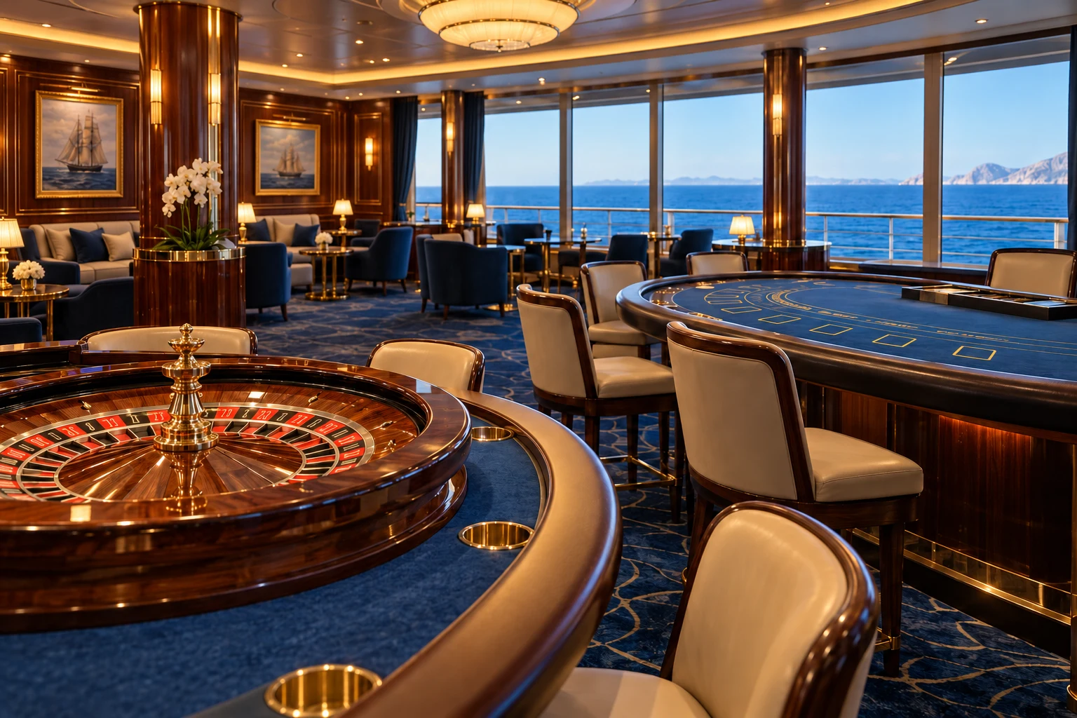 Illustration d’une salle de jeux à bord, avec roulette, tables de cartes et vue sur la Méditerranée